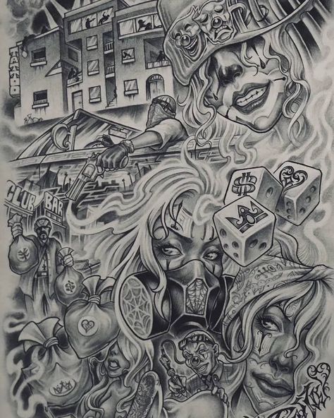 Boog Tattoo, Gangster Drawings, Chicano Tattoos Sleeve, Half Sleeve Tattoos Drawings, Mexican Art Tattoos, Gangsta Tattoos, Prison Art, Chicano Style Tattoo, Cholo Art