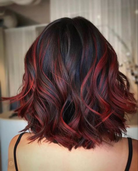 Partial Hair Color Ideas, Red And Black Hair Medium Length, Hair Color With Highlights, Red Highlights In Brown Hair, Color With Highlights, Black Cherry Hair Color, Black Cherry Hair, Red Balayage Hair, Short Hair Highlights