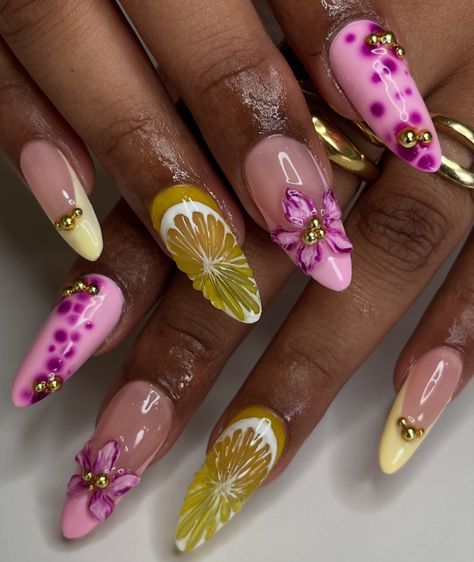 pink and yellow freestyle 🍋🌸🎀⭐️ using @apresnailofficial - sculpted almond long tips @makartt_official - rhinestone glue - solid nail glue gel - blooming gel @beetlesgelpolish - polishes - nail art brushes #nails #nailinspo #nailart #gel #gelnaildesign #gelpolish #gelinspo #nailsnailsnails #gelx #gelextensions #gelxinspo #nailporn #nailsofinstagram #nailsnailsnails #nailaddict #3dflowernails #bloominggel #citrusnails #lemonnails #summernails #pinknails Nails With Blooming Gel, Pink And Yellow Nails, Solid Nail Glue, Nail Glue Gel, Lemon Nails, Blooming Gel, 3d Flower Nails, Gel Extensions, Gel Nail Design