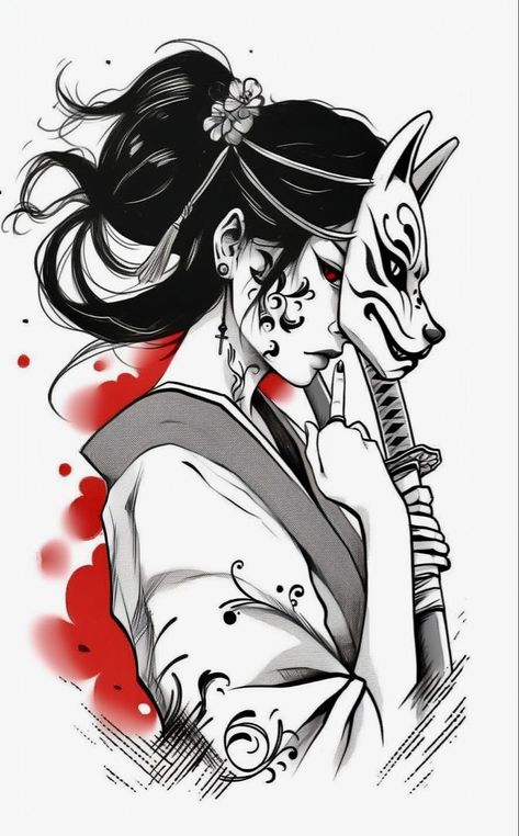 Japanese Style Tattoo Design, Women Samurai Tattoo, Geisha And Dragon Tattoo, Japan Girl Tattoo, Geisha Art Tattoo, Woman Samurai Tattoo, Female Samurai Tattoo Design, Japanese Tattoo Designs Geisha, Japanese Geisha Tattoo Design