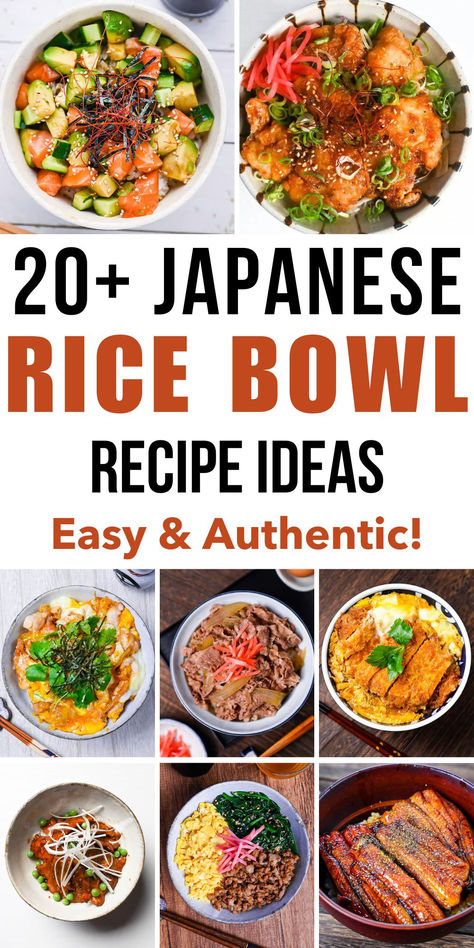 Collage of over 20 Japanese rice bowl recipes featuring dishes with fresh vegetables, meat, and seafood, showcasing easy and authentic meal ideas. Japanese Bowls Recipe, Japanese Food Recipes Dinner, Japanese Recipe Ideas, Rice Bowl Ideas, Rice Bowls Vegetarian, Japanese Donburi, Donburi Recipe, Rice Bowl Recipes, Japanese Rice Dishes