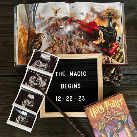 Harry Potter Birth Announcement, Harry Potter Baby Room Themed Nursery, Harry Potter Baby Announcement Ideas, Hogwarts Nursery Ideas, Harry Potter Theme Nursery, Harry Potter Maternity Photoshoot, Bookish Pregnancy Announcement, Gender Reveal Ideas Harry Potter Theme, Subtle Harry Potter Nursery