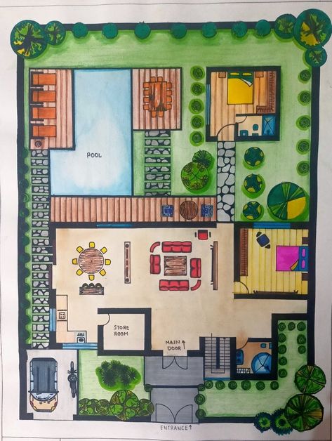 Sketching Connectivity: Exterior Design for Interconnected Living Site Plan Design Villa, Site Plan Watercolor, Architecture Site Plan Render, Watercolor Floor Plan, Floorplan Rendering Marker, Floor Plan Rendered Markers, Site Development Plan House, Site Development Plan Drawing, Villa Site Plan Design