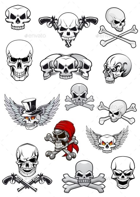 Skull characters for hallowen, pirates and piracy decorated with crossed bones, crossed pistols, wings, tophat and bandanna in bla Small Skull Tattoo, Skull Tattoo Flowers, Skull Stencil, Skull Art Drawing, Skull Pictures, Doodle Tattoo, Skulls Drawing, Geniale Tattoos, Skull Tattoo Design