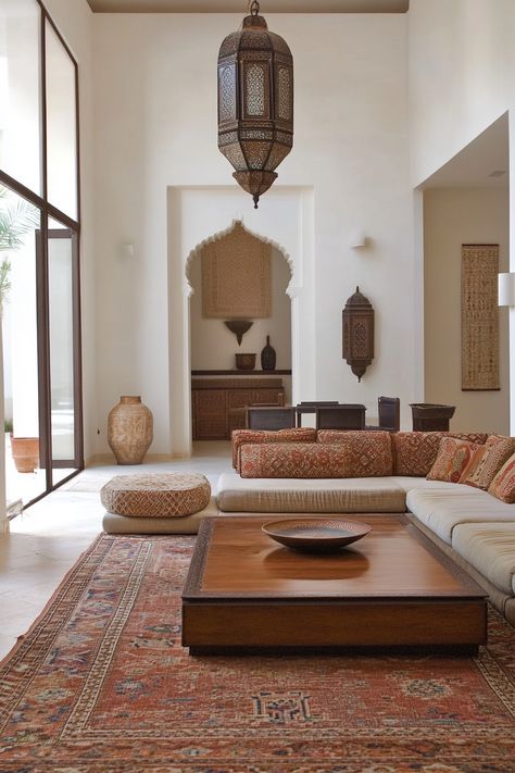 15 Moroccan Decor Ideas for Your Entire Home – Everyday Inspo Small Spanish Living Room, Syrian Style Home, Middle Eastern Interior Design Bedroom, Marrakesh Interior Design, Marrakech Living Room, Kurdish Interior Design, Middle Eastern Furniture, Moorish Home Decor, Moroccan Style Courtyard