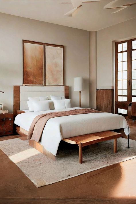 Warm Earth-Toned Bedroom • A serene bedroom design that combines rich wooden furniture with soft earth tones, creating a warm and inviting atmosphere. • The bed features a sturdy wooden frame and headboard, complemented by crisp white bedding and a soft brown throw. • Large abstract art pieces in muted colors • A stylish table lamp and a vintage wooden chest add character and functionality, while a plush cream rug under the bed softens the hardwood floors. Bedroom Wooden Furniture, Neutral Bedroom Design, Soft Earth Tones, Large Abstract Art, Stylish Table Lamps, Simple Texture, Serene Bedroom, Neutral Bedroom, Wooden Bed Frames