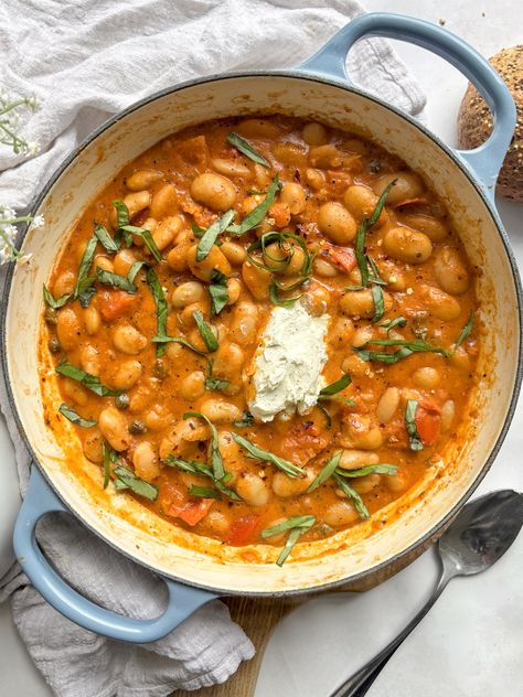 Creamy Red Pesto Butter Beans High Protein Soup Recipes, Protein Soup Recipes, Pesto Butter, Roasted Mediterranean Vegetables, Butter Beans Recipe, One Pot Vegetarian, Bean Dishes, Red Pesto, Green Pesto