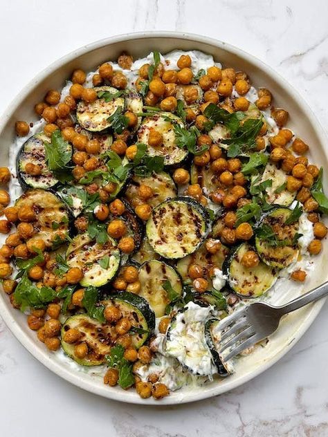 Lemony Grilled Zucchini & Crispy Chickpeas Over Tzatziki Late Summer Meals, Shawarma Seasoning, Tzatziki Recipes, Tortellini Pasta, Pan Fry, Crispy Chickpeas, Grilled Zucchini, Personal Chef, Vegetarian Meals