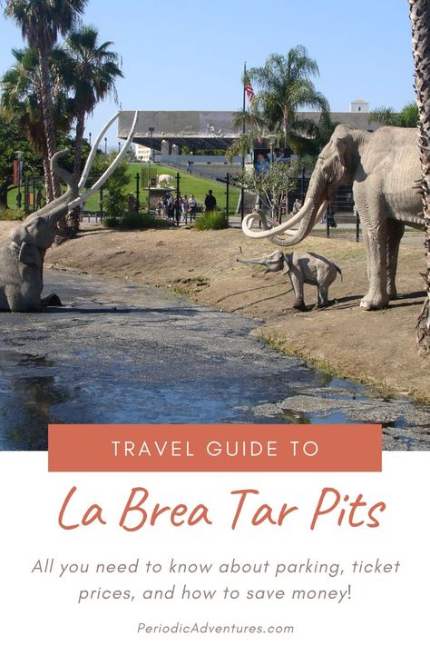 Click here to read a local's travel guide to Los Angeles' La Brea Tar Pits including where to park in the heart of Los Angeles, how much it costs to visit the La Brea Tar Pits museum (Page Museum), and how to save the most money! | travel guide | los angeles things to do | free things to do in Los Angeles | travel tips | guide to LA | LA aesthetic | budget travel | destinations for kids | kid travel | kid travel destinations | los angeles kid activities | science destination | los angeles museum Aesthetic Budget, Los Angeles Itinerary, La Brea Tar Pits, La Aesthetic, Los Angeles With Kids, Los Angeles Museum, La Brea, Los Angeles Travel, Budget Travel Destinations