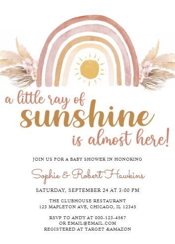 baby shower invitations Rainbow Theme Baby Shower, Rainbow Baby Shower Theme, Sunshine Baby Shower Invitations, Girl Shower Themes, Rainbow Baby Shower Invitations, Orange Baby Shower, Sunshine Baby Showers, Orange Baby