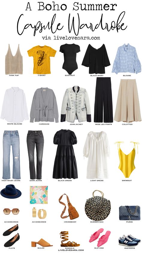 Boho Capsule Wardrobe Knit Tank | Band Tee | Black Bodysuit | Black Shirt | Blue Blouse | White Blouse | Cardigan | Jean Jacket | Black Wide Leg Pants | Beige Culottes | High Retro Capsule Wardrobe, Boho Wardrobe, Travel Capsule Wardrobe, Boho Outfit, Travel Capsule, Spring Capsule, Summer Capsule, Spring Capsule Wardrobe, Black Wide Leg Pants