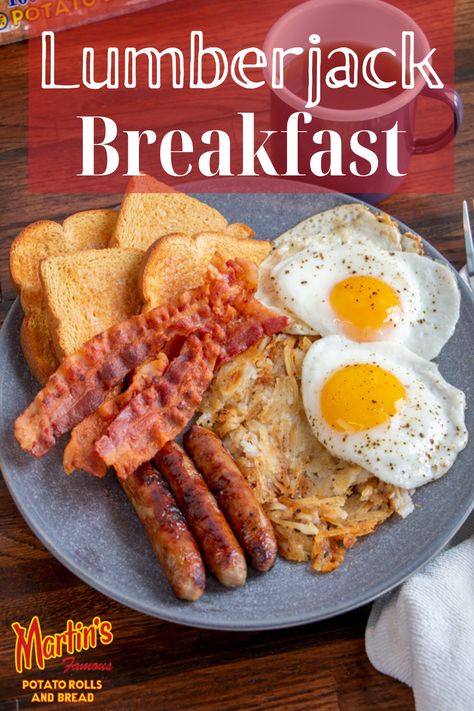 Our variation on this classic includes crispy bacon strips, sausage links, griddled hashbrowns, two fried eggs, and toasted slices of Martin’s 100% Whole Wheat Potato Bread, served with a cup of hot coffee Lumberjack Breakfast, بذور الشيا, Roasted Potato Wedges, Potato Rolls, Breakfast Platter, Beef Bacon, Potato Roll, Classic Breakfast, Sushi Sandwich