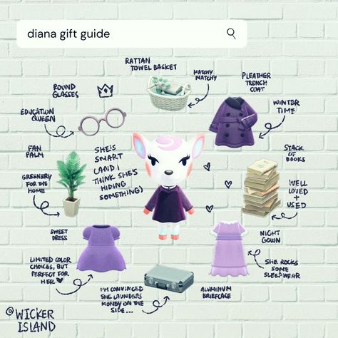 Acnh Villager Gift Guides, Diana Gift Guide Acnh, Acnh Diana, Anch Villagers, Gift Guide Acnh, Acnh Gift Guide, Acnh Lookbook, Villagers Acnh, Animal Crossing Guide