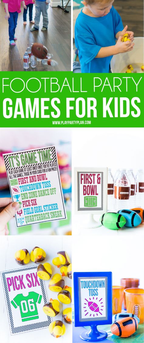 DIY football party games for kids with free printable instruction cards! Definitely six of the best things to do at a football party whether it be Super Bowl or a kids football birthday party! Football Themed Birthday Party Games, Football Games For Kids, Kids Football Parties, Diy Football Party, Football Party Games, Superbowl Party Games, Football Theme Birthday, Diy Kids Party, Party Games For Kids