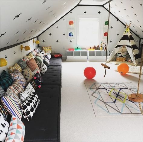 10 Cheerful Kids Rooms - Petit  Small Simple Kids Rooms, Small Kids Room, Attic Playroom, Kids Room Poster, Attic Design, Storage Kids Room, Playroom Design, Attic Renovation, Attic Remodel