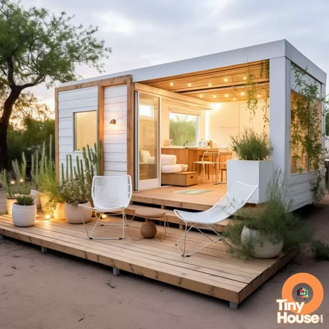 Looking for decoration inspo for your tiny house? Check out this contemporary and cozy tiny house on wheels with a stunning white and natural wood patio. Perfect for those who love simplicity and style! #tinyhouse #interiordesign #inspiration #cozyhome Tiny House Deck Ideas, White Tiny House, Tiny House Deck, Cozy Tiny House, Tiny Home Community, Tiny Mobile House, Dreams To Reality, Garden Home Office, Shipping Container Home Designs