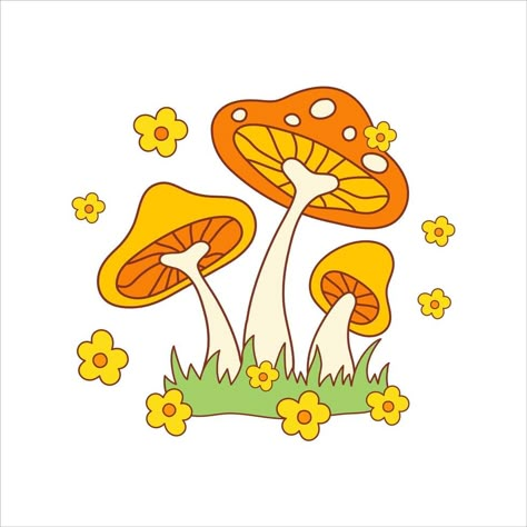 Retro psychedelic hippie mushrooms with groovy flowers isolated on a white background. Vector illustration in style 70s, 80s Groovy Aesthetic, Clay Brooch, Groovy Flowers, Mushroom Drawing, Desk Decorations, Creative Graphics, Cute Canvas Paintings, Hippie Flowers, Cute Canvas