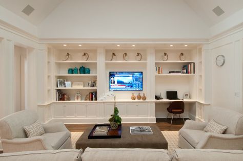 Built-in Brown Livingroom, Built In Wall Units, Living Room Transitional, Built In Shelves Living Room, Living Room Wall Units, Living Room Built Ins, Desk In Living Room, Transitional Living Rooms, Brown Living Room