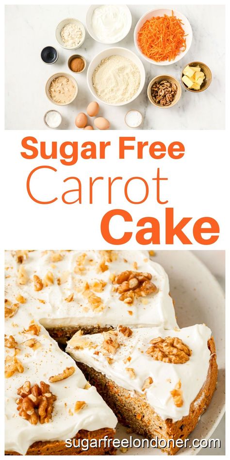 This is the best sugar free carrot cake you'll ever try! Soft and moist, full of flavour and low in carbs. This cake is gluten free and keto friendly too with only 5.4g net carbs per slice. Sugar Free Carrot Cake Recipe, Diet Treats, Low Sugar Cakes, Low Carb Carrot Cake, Sugar Free Cake Recipes, Sugar Free Carrot Cake, Sugar Carrots, Carrot Cakes, Sugar Free Baking