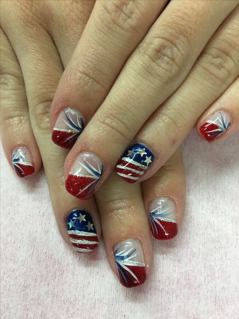 4th of July Patriotic French Gel Nails Patriotic Nails Easy, 4th Nails, Birthday Nail Art, Patriotic Nails Design, Deco Nails, Firework Nails, Patriotic Nails, Usa Nails, Nail Tip Designs