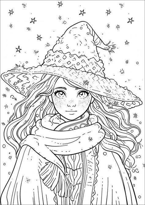 Young witch with a big hat - JustColor.net : Free printable coloring pages for adults and kids Chucky Coloring Pages, Witch Coloring Pages For Adults, Halloween Coloring Pages For Adults, Printable Coloring Pages For Adults, Zen Doodles, Witch Coloring Pages, Coloring Designs, Cartoon Coloring, Adult Coloring Designs