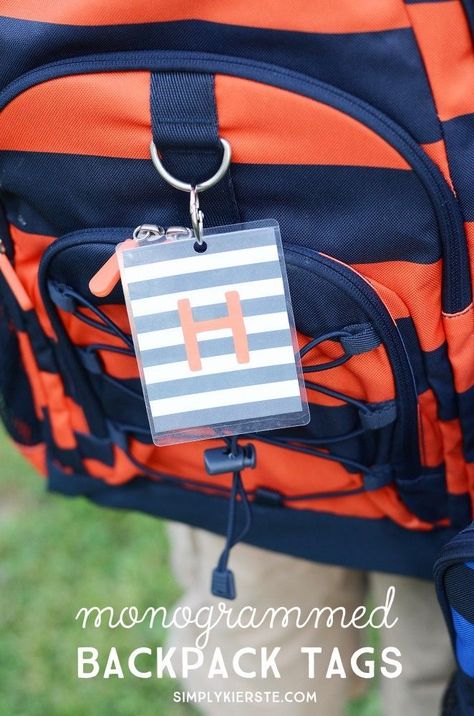 Monogrammed Backpack Tags | simplykierste.com Cheap School Supplies, Diy Back To School Supplies, Escuela Diy, H Monogram, Diy Back To School, Fancy Bows, Monogram Backpack, Washi Tape Diy, Free Monogram