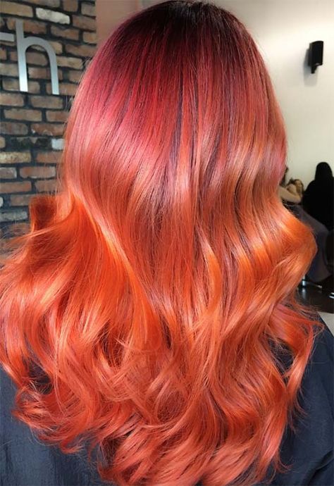 Fire Orange Hair, Red Faded To Orange Hair, Vibrant Orange Hair, Sunrise Orange Hair, Orange Hair Color Ideas, Red Orange Yellow Hair, Orange Multicolor Hair, Orange Hair Color, Orange Hair Dye