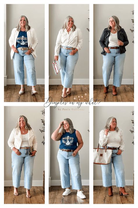 How to style plus-size cropped wide-leg jeans six ways. You can never go wrong with jeans and a classic white shirt regardless of your size. #plussize #plussizefashion #plussizeover50fashion #plussizeoutfitinspiration #plussizejeans #plussizecasualfashion #plussizefalloutfitideas #plussizesummeroutfitideas #plussizedatenightoutfitideas #coolplussizeoutfitideas Mom Jeans Plus Size Outfit, Plus Size Straight Leg Jeans Outfits, Plus Size Outfits Jeans, Plus Size Wide Leg Jeans Outfit, Wide Legged Jeans Outfit, Wide Leg Jeans Outfit Plus Size, Plus Size Wide Leg Pants Outfit, 80s Mom Jeans Outfit, Wide Leg Cropped Jeans Outfit