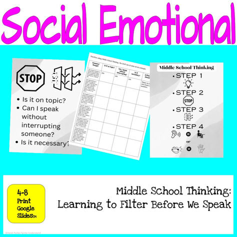 Unlock the power of effective communication with an innovative program designed to empower middle school students in filtering their thoughts before they speak. In a world that increasingly values articulate expression, this unit offers an engaging approach to help students navigate the nuances of communication. Through practical exercises, participants will learn valuable skills to carefully consider their words, fostering a culture of respect and understanding. Middle School Student, Program Design, Effective Communication, Social Emotional, School Students, In A World, Middle School, The Middle, Communication