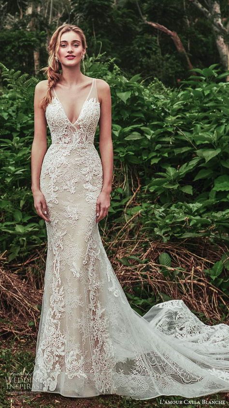 Mermaid Wedding Dress Plunging Neckline, Champagne Wedding Dress Mermaid, Trumpet Floral Wedding Dress, Collum Wedding Dress, Beige Lace Wedding Dress, Callablanche Wedding Dress, Fitted Romantic Wedding Dress, Romantic Fit And Flare Wedding Dress, Body Con Wedding Dress Lace