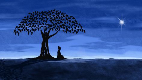 silhouette of person sitting beside tree, silhouette of man under the tree painting digital art #artwork #men #silhouette #trees #ground #horizon #leaves #sitting #stars #meditation #happiness #shadow #Buddha #Buddhism #1080P #wallpaper #hdwallpaper #desktop Buddha Under Tree Paintings, Person Sitting Under Tree, Sitting Under A Tree Drawing, Under A Tree Drawing, Tree Drawing Reference, Buddha Under Tree, A Tree Drawing, Sitting Under A Tree, Bodhi Leaf