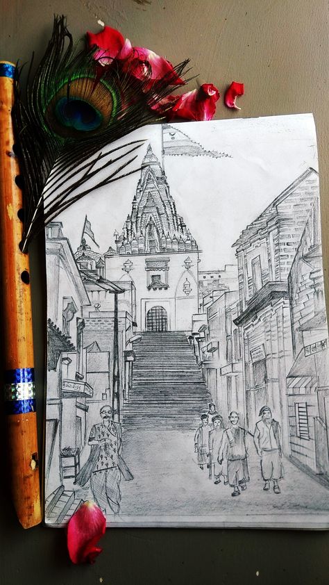 Dwarkadhish Dwarka Temple Drawing, Dwarkadhish Paintings, Dwarkadhish Drawing, Dwarkadhish Shayari, Dwarka Temple, Boy Shadow, Drawing List, Chaturthi Decoration, Temple Drawing