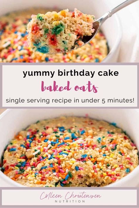 This sweet and moist birthday baked oatmeal recipe is fluffy, delicious, and so easy to make. Colorful and made with your favorite sprinkles, you will love this birthday cake in a mug! Birthday Cake Baked Oatmeal, Birthday Cake Breakfast, Birthday Cake Baked Oats, Birthday Oatmeal, Birthday Cake Oatmeal, Ww Oatmeal, Birthday Cake Batter, Macro Nutrients, Healthier Breakfast