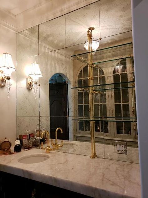 Antique Mirror Bathroom, Antiqued Mirror Wall, Mirror Tiles Bathroom, Modern Victorian Kitchen, Antique Mirror Tiles, Antique Mirror Glass, Mirror Gallery, Mirror Ceiling, Antique Mirror Wall