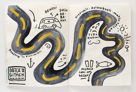 Beril Ates's Travel Journal #artjournal Summer Roadtrip in Turkey. Roadtrip Journal Ideas, Road Trip Art Illustration, Road Trip Sketchbook, Road Trip Sketch, Travel Journal Drawing, Illustrated Travel Journal, Summer Art Journal, Road Trip Journal Ideas, Travel Journal Front Page