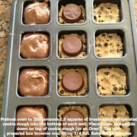 Reeses Cup / Oreo Cookie Brownies     1.) Preheat Oven to 350 degrees  2.) Smoosh 1.5 squares of break-apart cookie dough into each well  3.) Place Reese's Cup or Oreo on top of the cookie dough  4.) Fill to 3/4 with prepared brownie mix  5.) Bake for 18 Minutes    YUM! Reese Cup, Refrigerated Cookie Dough, Brownie Cups, Reeses Cups, Pampered Chef Recipes, Reeses Peanut Butter Cups, Reeses Peanut Butter, Monkey Bread, Cracker Barrel