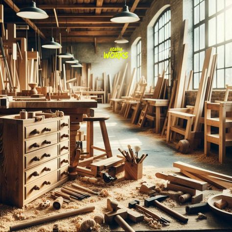 Carpentry workshop with various wooden furniture pieces in progress. Tools, sawdust and sawdust on the floor. Natural lighting, coming from large windows, illuminates the craftsmanship and details of the furniture. #woodwork #acadiaworks #BETAwards #woodworking #wood #SocialMediaDay #woodart Carpentry Aesthetic, Habakkuk 2, Carpentry Workshop, Carpentry Tools, Wood Worker, Work Spaces, Woodworking Wood, Natural Lighting, Fine Woodworking