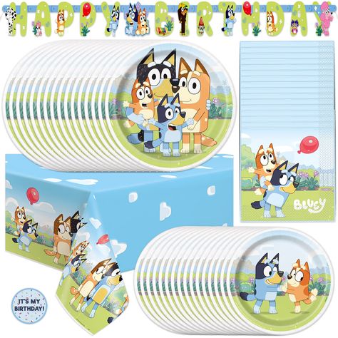 PRICES MAY VARY. Join Bluey, Bingo, Bandit and Chilli in throwing a fun birthday party! The Bluey birthday party supplies kit contains everything you need for easy setup and takedown. This Bluey party supplies pack includes disposable dinnerware and a festive Bluey table cloth and Bluey Banner, perfect for tying the room together. Dinnerware -- This Bluey party decorations set includes enough Bluey birthday decorations to host a party of 16 guests: 1 table cover, 16 large 9" paper Bluey plates, Bluey Banner, Bluey Party Decorations, Bluey Birthday Party, Table Banner, Party Supply Kits, Bluey Party, Second Birthday Ideas, Bluey Birthday, Birthday Party Set