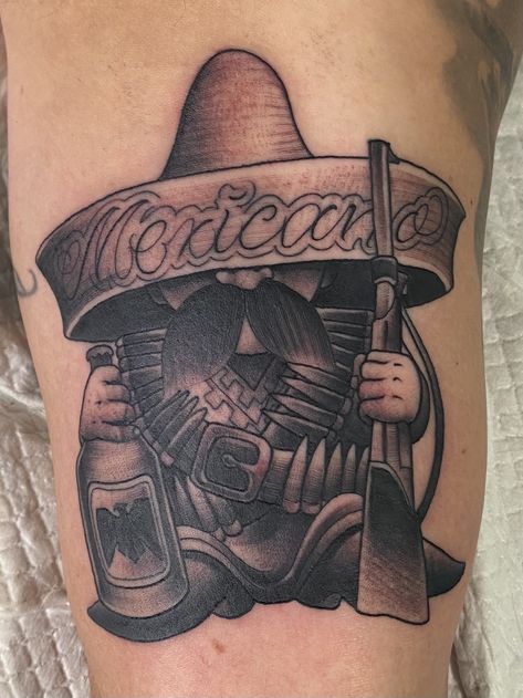 Traditional Mariachi Tattoo, Mexico Flag Tattoo Ideas, Charro Tattoo Design, Mexican Tattoo Ideas For Men, Mariachi Tattoo, Aztec Tattoo Mexican, Mexican Skull Tattoos, Chicano Quote, Aztec Warrior Tattoo