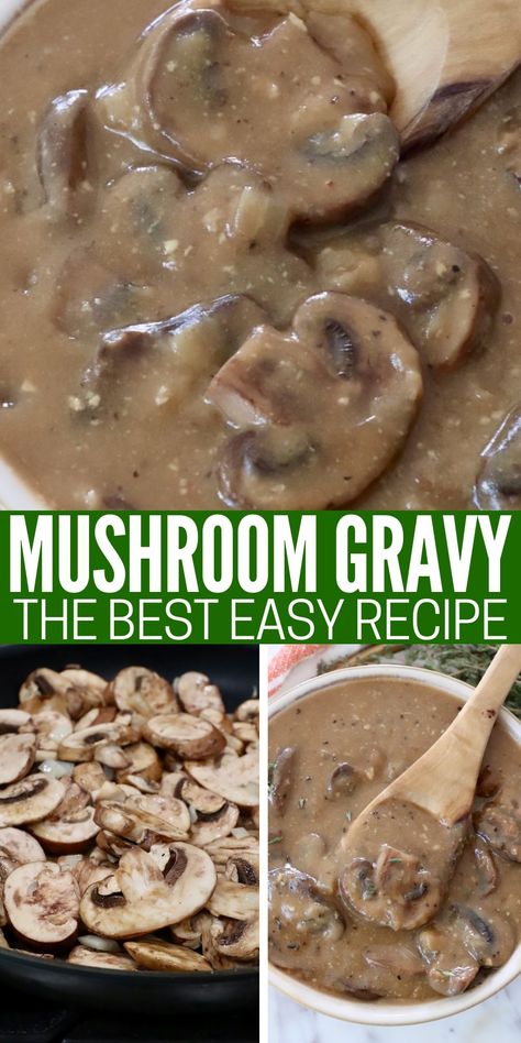 It's easy to make a flavorful Mushroom Gravy anytime, without pan drippings. This creamy gravy recipe is perfect for pouring over steak, mashed potatoes, pork chops, turkey, rice, and so much more! For all of the mushroom-lovers out there, this will be your new go-to gravy recipe! Homemade Mushroom Gravy, Mushroom Gravy Recipe Easy, Mushroom Brown Gravy, Easy Mushroom Gravy, Easy Recipes Slow Cooker, Steak Mashed Potatoes, Mushroom Meals, Easy Gravy Recipe, Turkey Rice