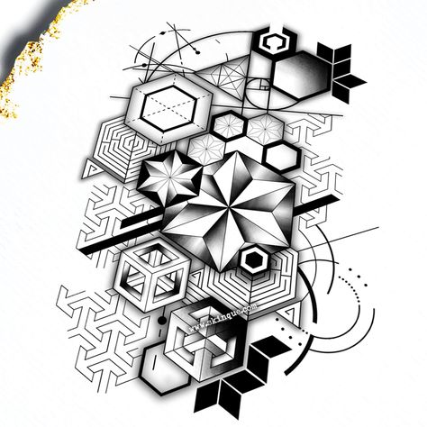 3d Geometric Tattoo Design, Geometry Tattoo Design Pattern, Hexagon Tattoo Design, Psy Tattoo, Geometric Hexagon Tattoo, Geometric Half Sleeve, Geometric Pattern Tattoo, Geometric Tattoo Filler, Geometric Tattoo Stencil