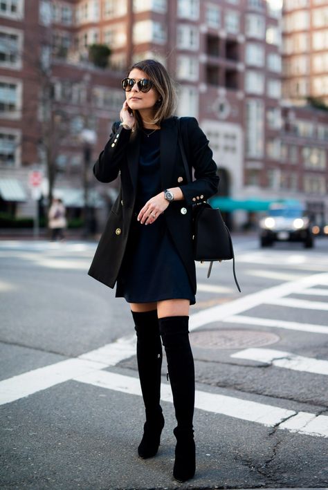 Pam Hetlinger wearing a Nordstrom Dress, Reiss Jacket, Over-the-Knee Boots, Celine Belt Bag, and Prada Sunglasses. Perfect Winter Outfit, Outfits 2016, Stylish Winter Outfits, Mode Casual, Cute Winter Outfits, Basic Dress, All Black Outfit, Komplette Outfits, Fashion Mode