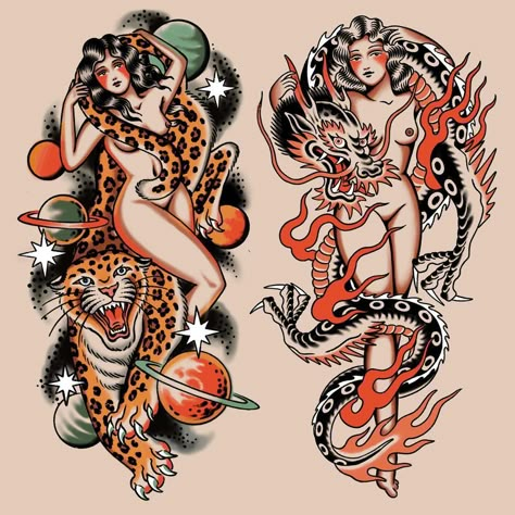 Traditional Thigh Tattoo, Traditional Tattoo Woman, Traditional Tattoo Drawings, Backpiece Tattoo, Traditional Tattoo Flash Art, Traditional Tattoo Inspiration, Traditional Style Tattoo, Old School Tattoo Designs, Traditional Tattoo Design