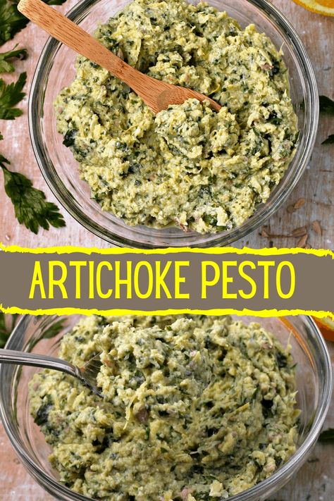 5-ingredient artichoke pesto brings an oil-free zesty lemon taste, with plenty of parsley and garlic to the clean, fresh, rich flavor of artichokes. #anothermusicinadifferentkitchen #pesto #vegan #plantbased Artichoke Pesto Recipe, Pesto Recipe Vegan, Pesto Pasta Dishes, Artichoke Pesto, Pesto Vegan, Vegan Parmesan Cheese, Artichoke Recipes, Vegan Sauces, Oil Free Vegan