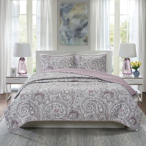 Add an elegant touch to your bedroom with the coverlet set. The beautiful quilted coverlet features a large paisley print in a soft color with a solid plum reverse, for an exquisite look. Machine washable for easy care, this ultra-soft microfiber mini quilt set brings style and grace to your space. Neutral Duvet Covers, Summer Comforter, Purple Comfort, Paisley Bedding, Cozy Bedding Sets, Space Quilt, Kids Bedding Sets, Perfect Bedding, Modern Classic Style