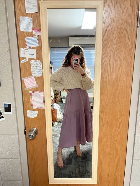 Casual Skirt Outfits Modest Girly, Pentecostal Outfits School, Modest Easter Outfits, Rainy Day Church Outfit Spring, Pentecostal Aesthetic, Cute Outfits With Long Skirts, Warm Church Outfit, Church Skirt Outfit, Gen Z Teacher Outfits