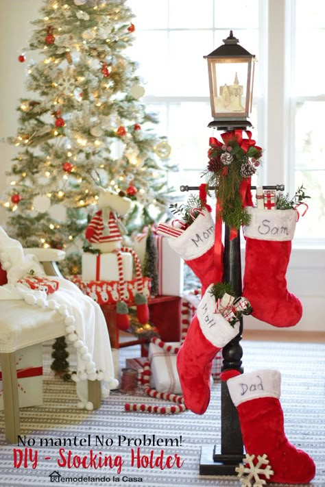 No mantel No Problem! DIY - Stocking Holder - Faux Gas Lantern Christmas Living Room Decorations, Room Decorations Ideas, Elegant Christmas Decorations, Diy Stocking Holder, Diy Stockings, Elegant Christmas Decor, Stocking Holder, Christmas Stocking Holders, Christmas Tablescape