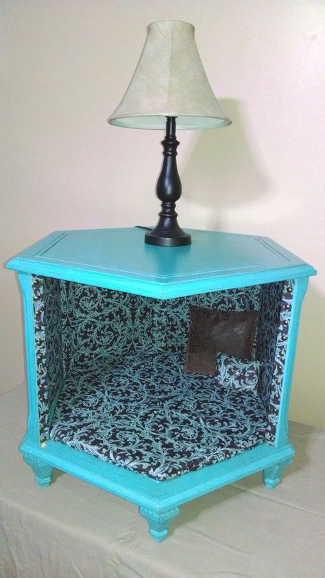 Upholstered End Table – KOVI Dog Bed Ideas, Diy Pet Bed, Octagon Table, Upholstery Tacks, Diy Dog Bed, Damask Fabric, Dog Furniture, Diy Dog, Bed Ideas