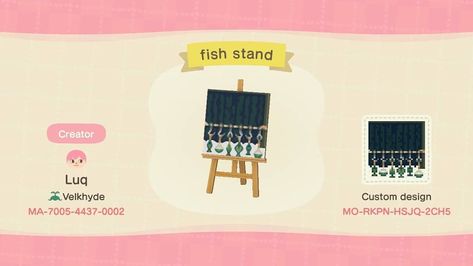 NewHorizons Game/Designs on Instagram: “Fish Stand/Market designs by: Luqlustra on Twitter! Show the original creator some love ♡ . . . #animalcrossing #animalcrossingdesgins…” Acnh Fish Market Stall Design Codes, Acnh Fish Market Design, Animal Crossing Fish Market Code, Acnh Fishing Market, Animal Crossing Fish Market, Animal Crossing Fish, Fish Stand, Animal Crossing Qr Codes Clothes, Qr Codes Animal Crossing