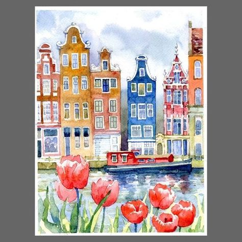 Amsterdam Art Paintings, Europe Watercolor Painting, Spring Painting Watercolor, Amsterdam Watercolor Painting, Watercolor Amsterdam, Holland Painting, Amsterdam Illustration, Europe Watercolor, Amsterdam Watercolor